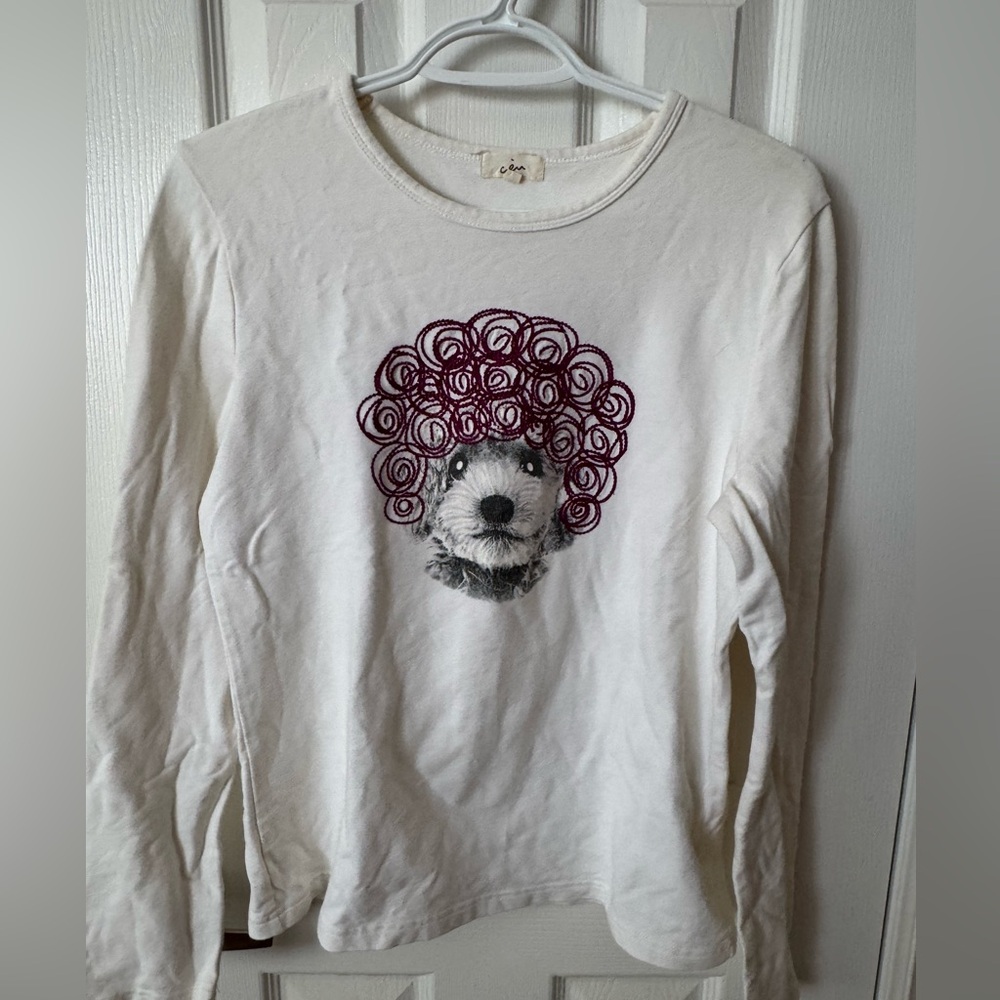 Creamy white cute dog embroidery T-shirt